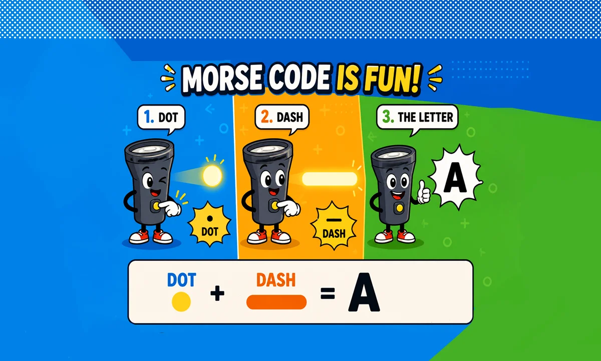 Letter A in Morse code — dot-dash pattern chart with dit-dah rhythm guide