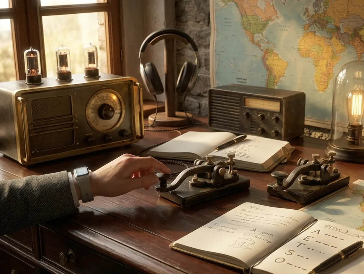 Beginner learning Morse code with headphones, radio equipment, and practice notes