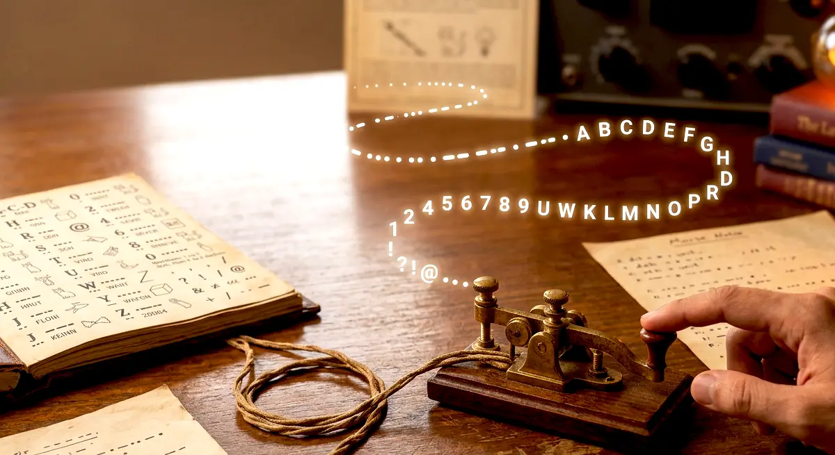 International Morse code alphabet chart showing letters, numbers, and dot-dash patterns